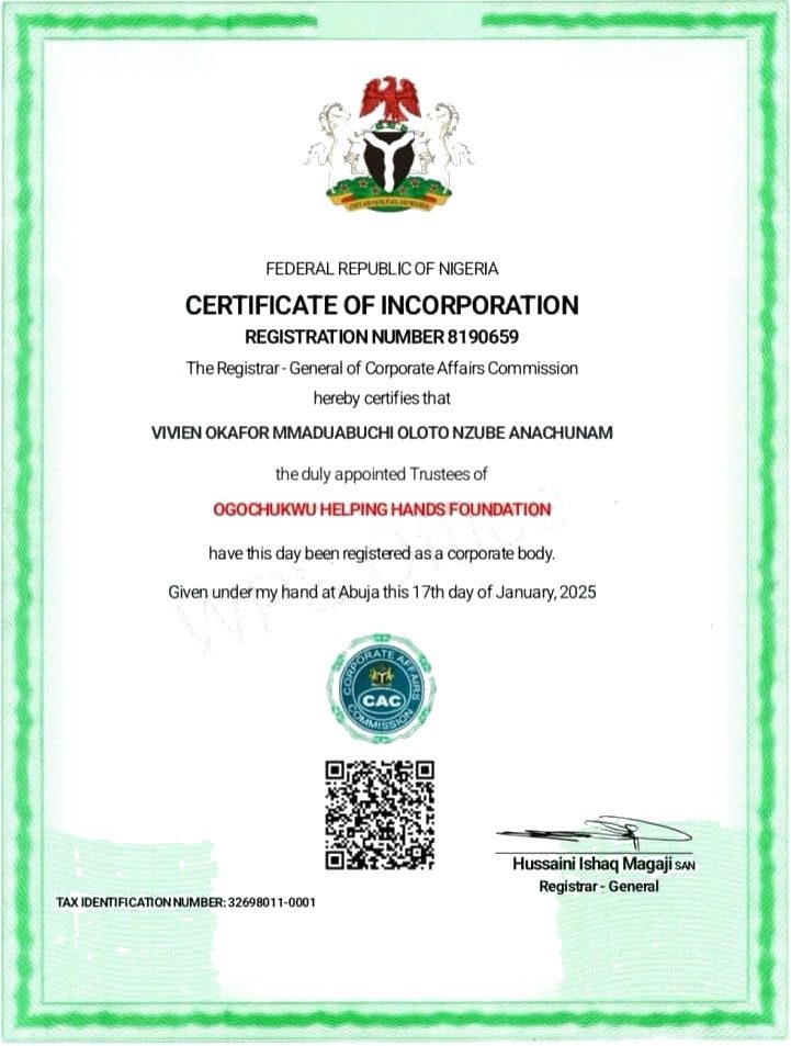 Certificate of Incorporation issued by the Corporate Affairs Commission of the Federal Republic of Nigeria to Ogochukwu Helping Hands Foundation, registration number 8190659, dated 17th January 2025